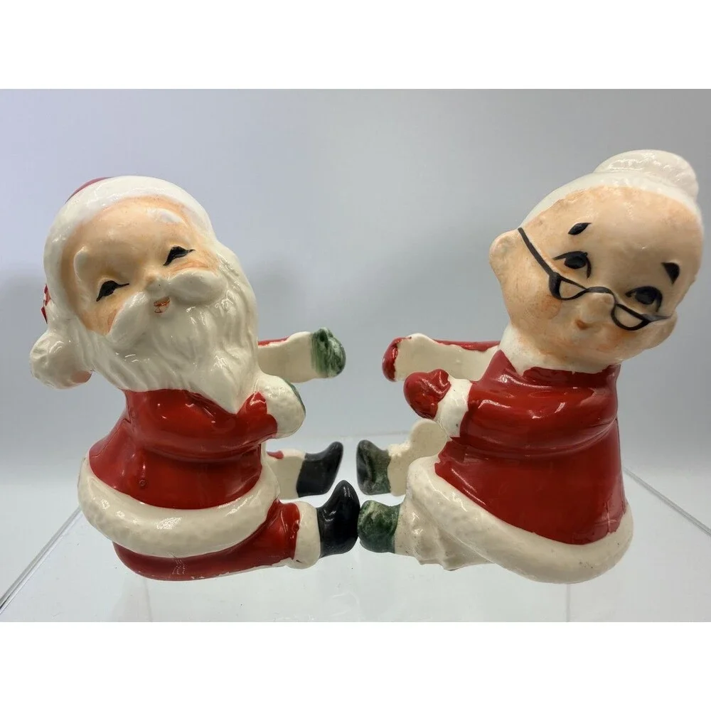 Vintage MCM JAPAN Santa & Mrs Claus Ceramic Candle Hugger Figurines Christmas